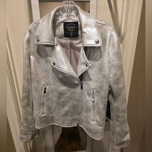 Brand New Cavalini Vegan Leather Shiny Silver Jacket Large